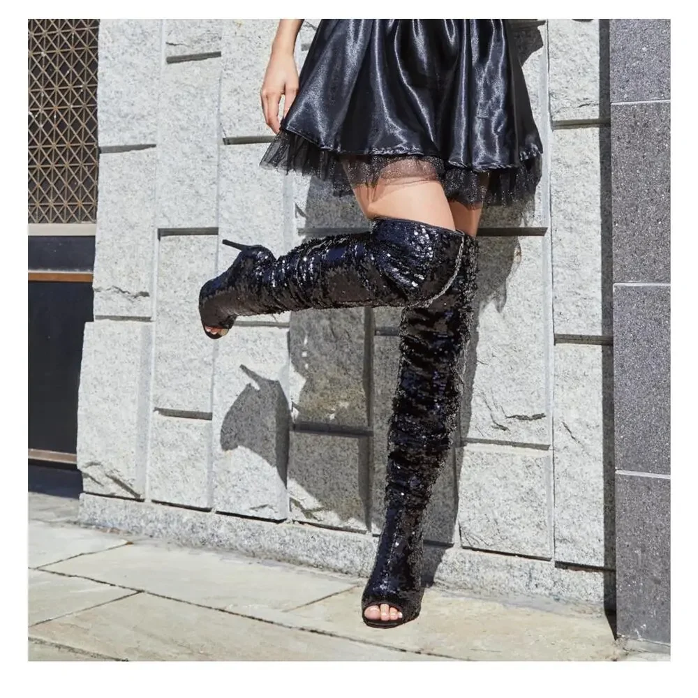 CAMSSOO Women's Sparkle Sequins Over The Knee Boots Sexy High Heels Open Toe 9.5